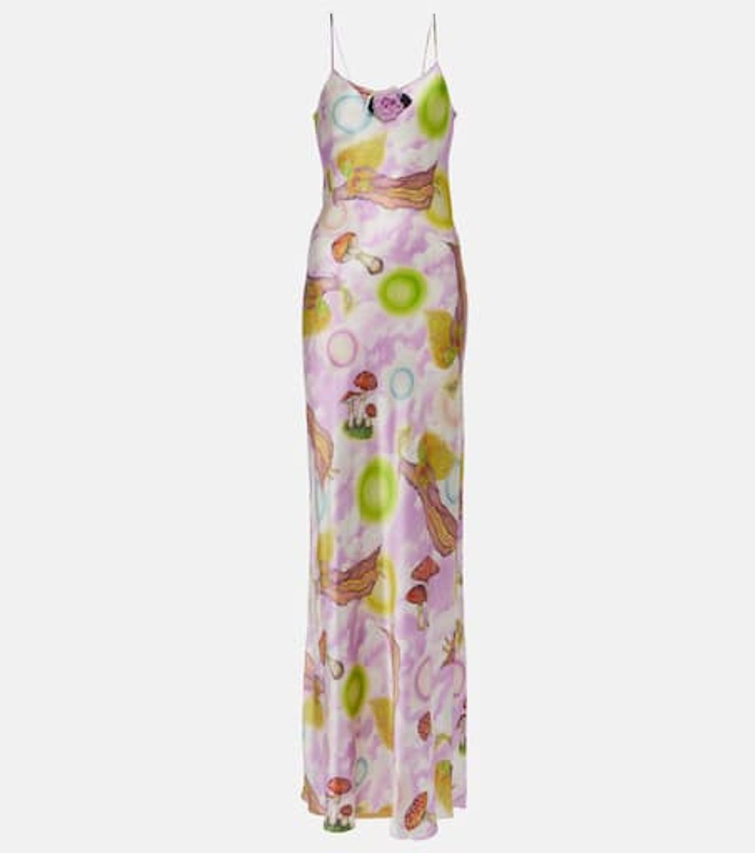 Floral-appliqué printed silk slip dress