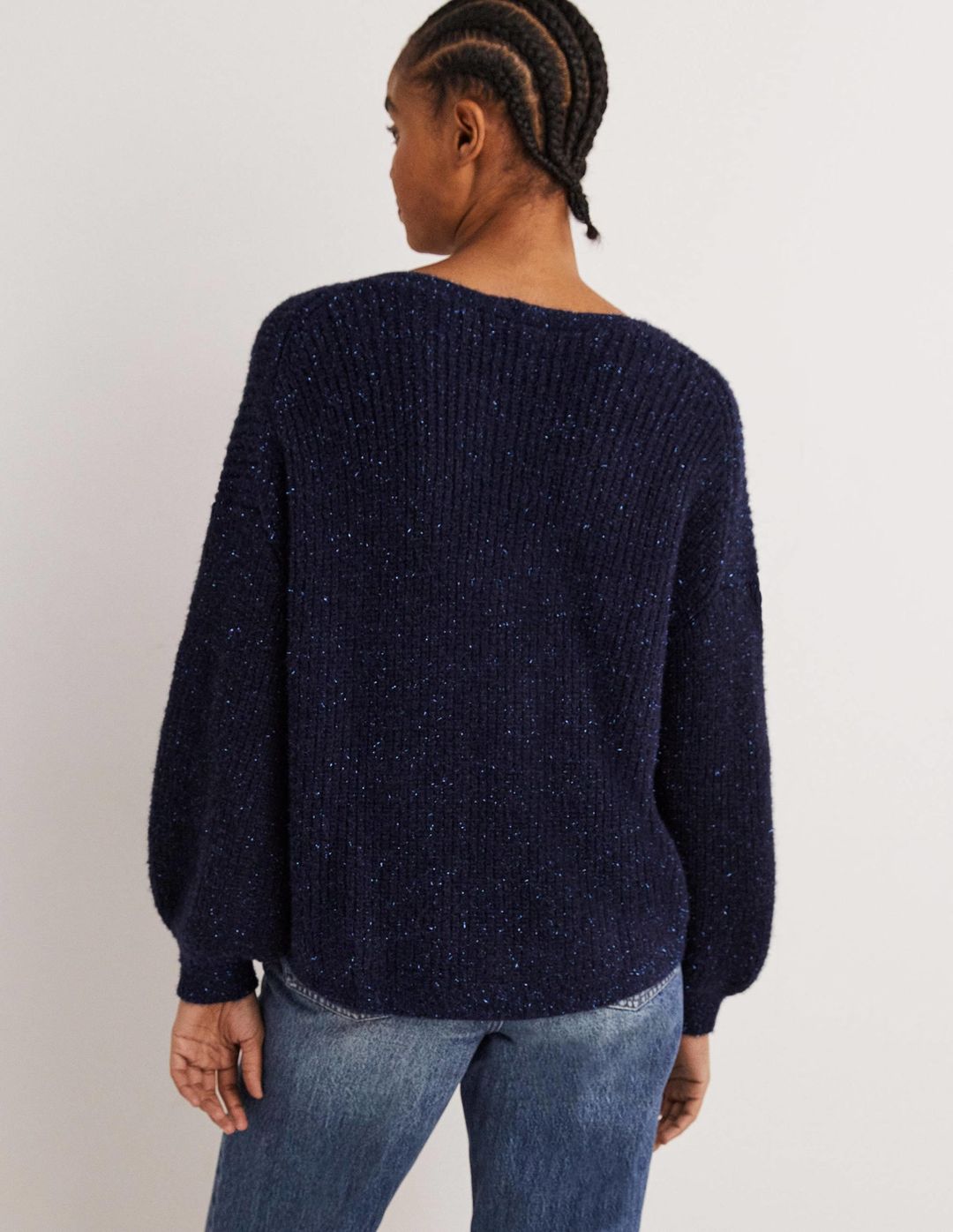 Navy Sparkle Ribbed Fluffy V-Neck Sweater-Navy Sparkle #3