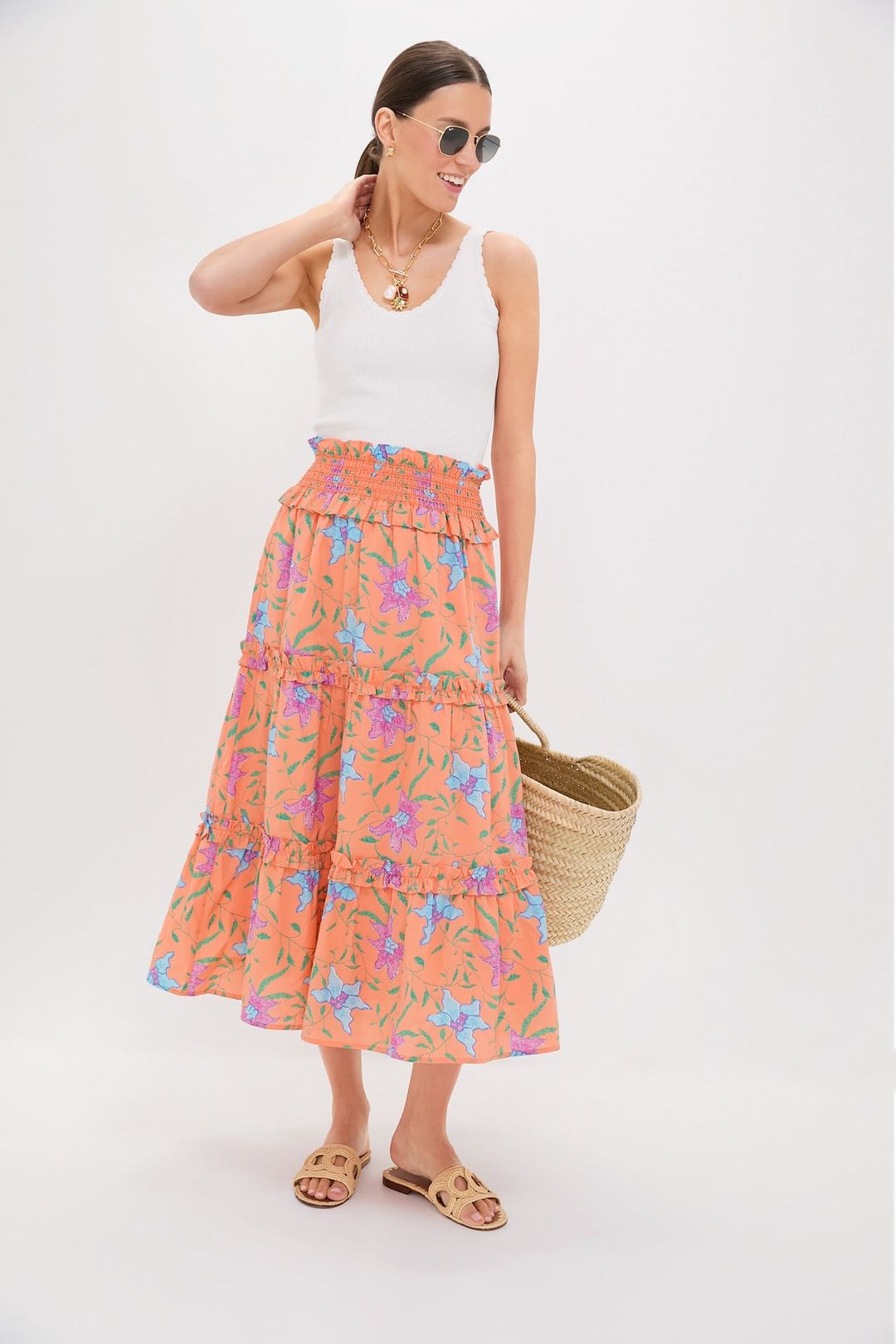Orange Multi Floral Smocked Odette Maxi Skirt