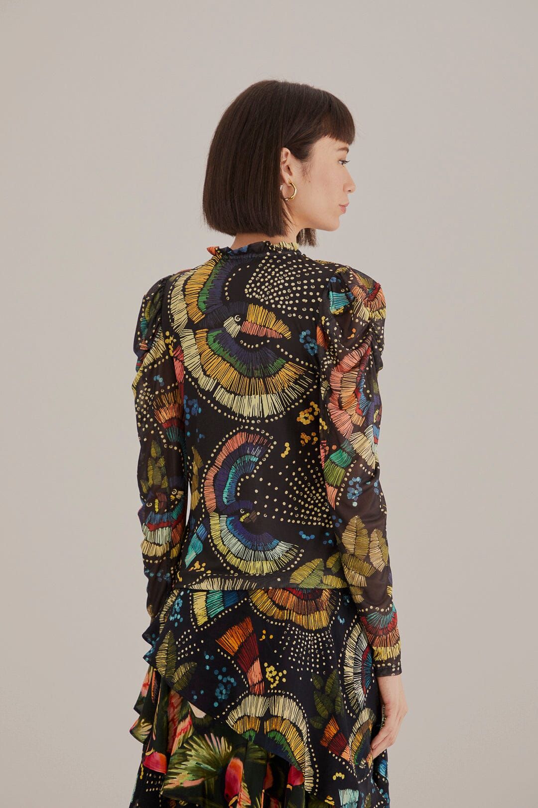 Black Colorful Birds Tulle Blouse #4