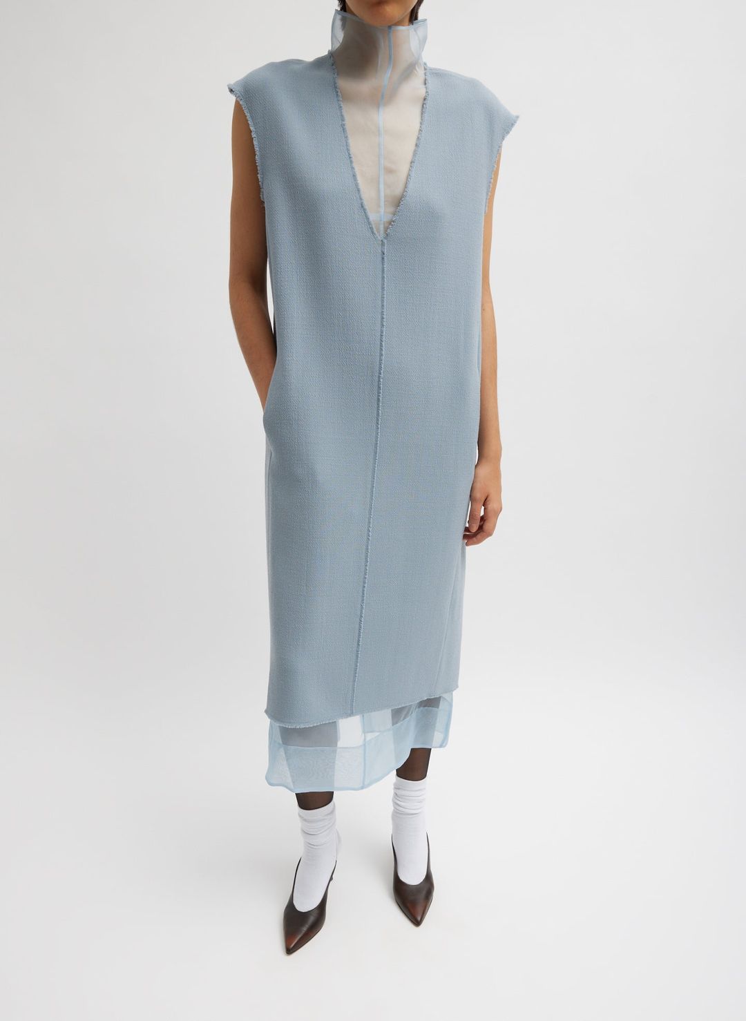 Melee Crepe V-Neck Dress With Organza Lining