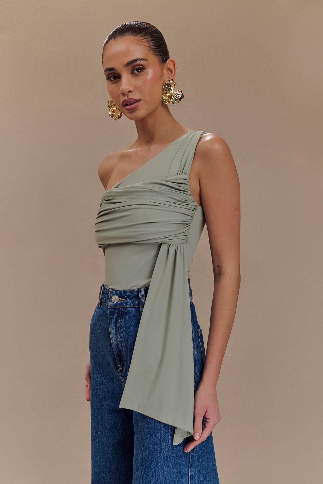 Sera One Shoulder Recycled Nylon Top With Drape - Basil #5