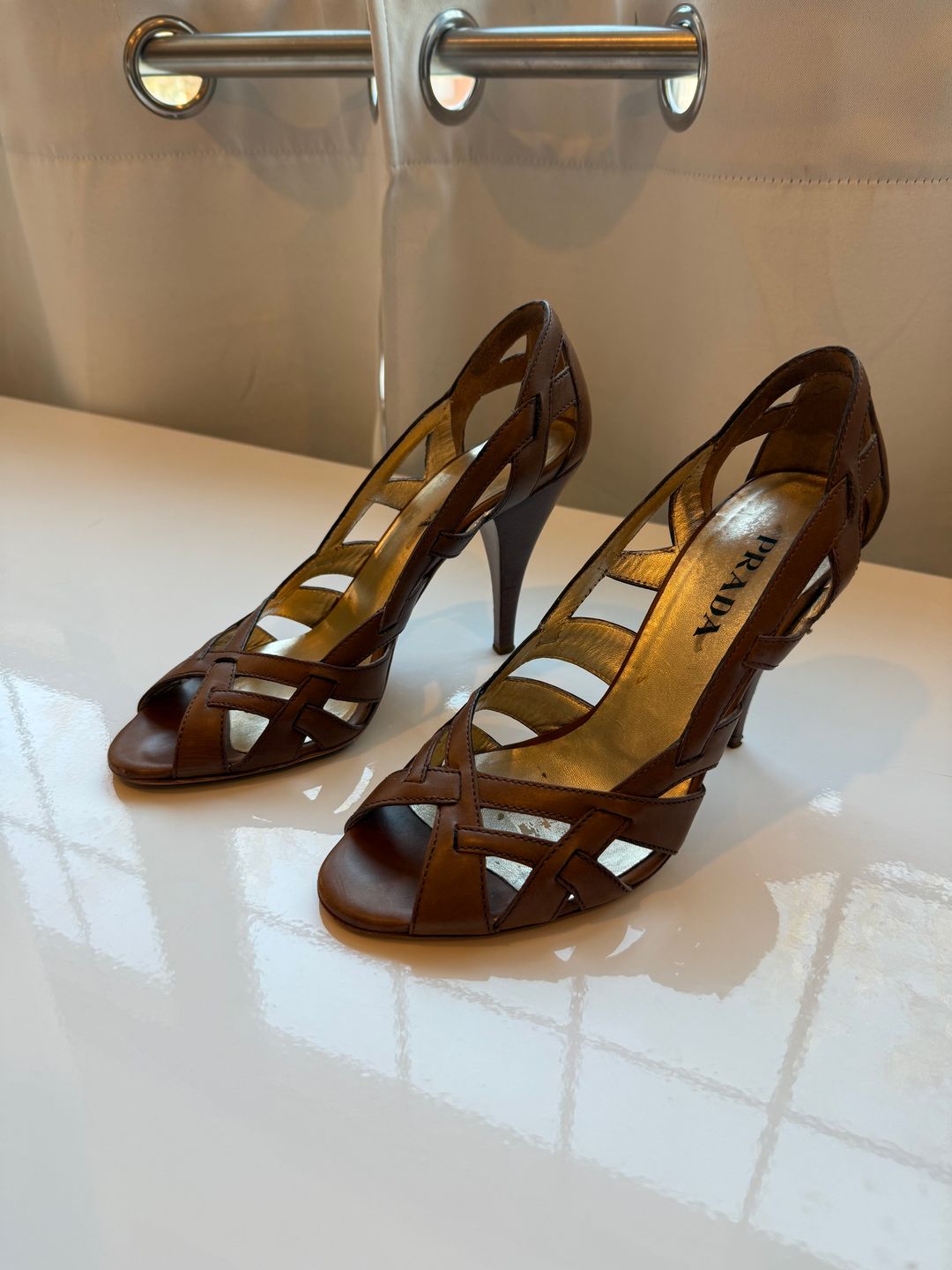 PRADA Camel Brown Braided Woven Straps Pump Heels Sandal