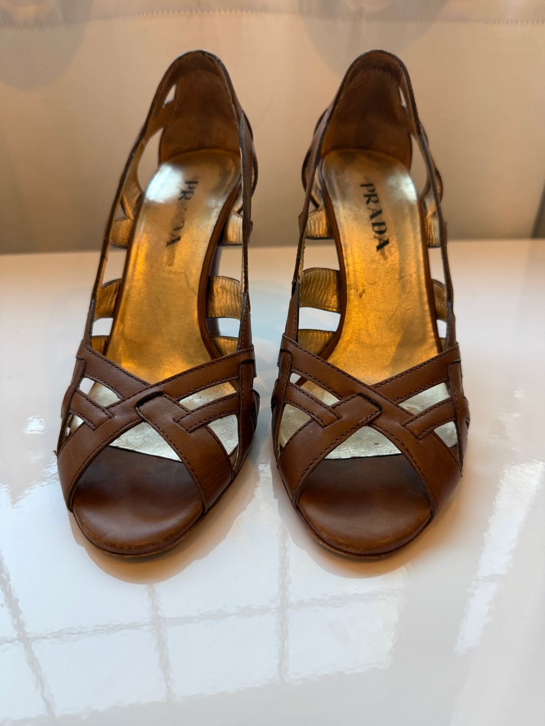 PRADA Camel Brown Braided Woven Straps Pump Heels Sandal
