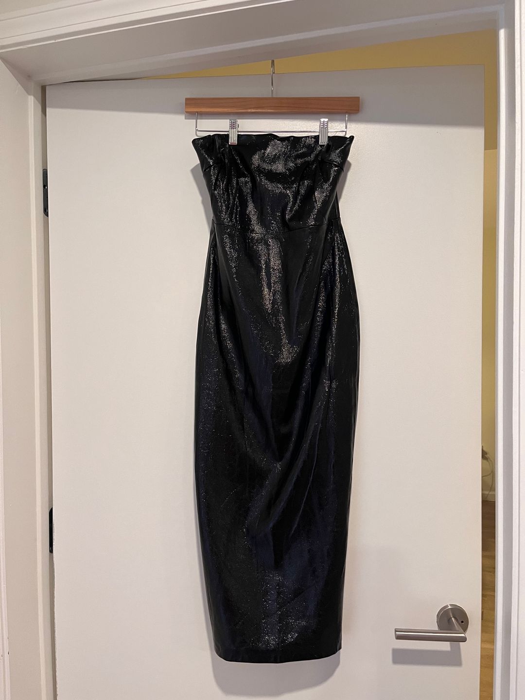NBD Faux Patent Leather Strapless Midi Dress