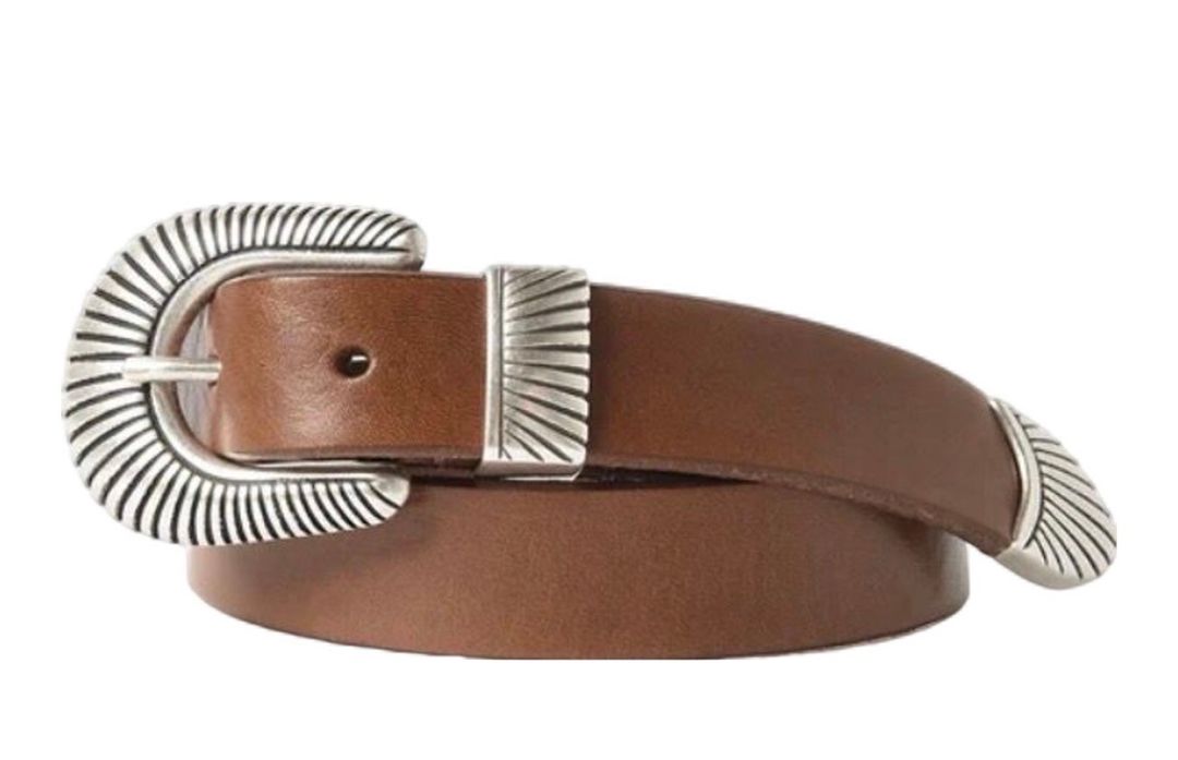 2.5 cm brown leather cowboy belt with detailed silver hardware
