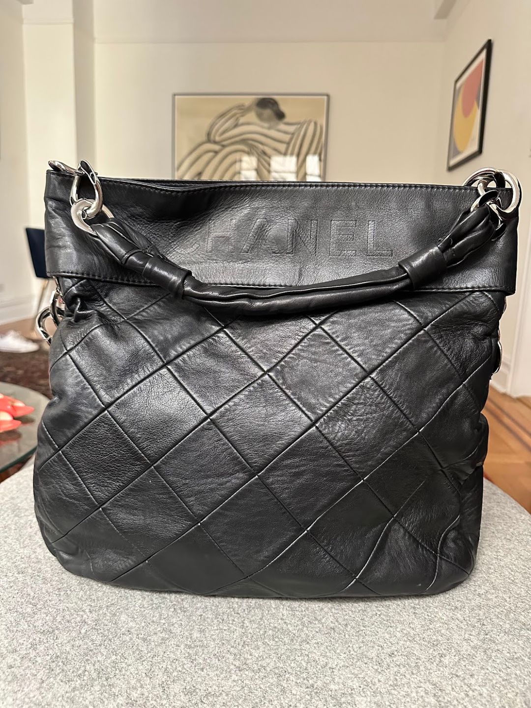 Chanel Black Large Quilted Calf Leather Tote Hobo Handbag