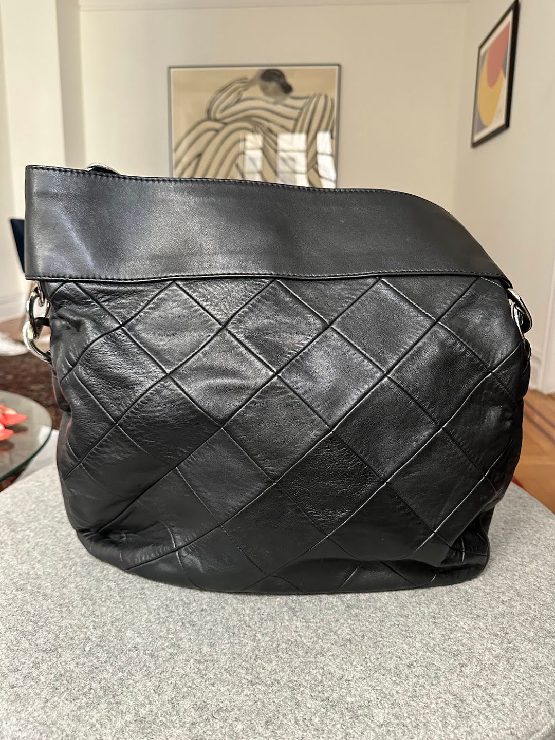 Chanel Black Large Quilted Calf Leather Tote Hobo Handbag #9