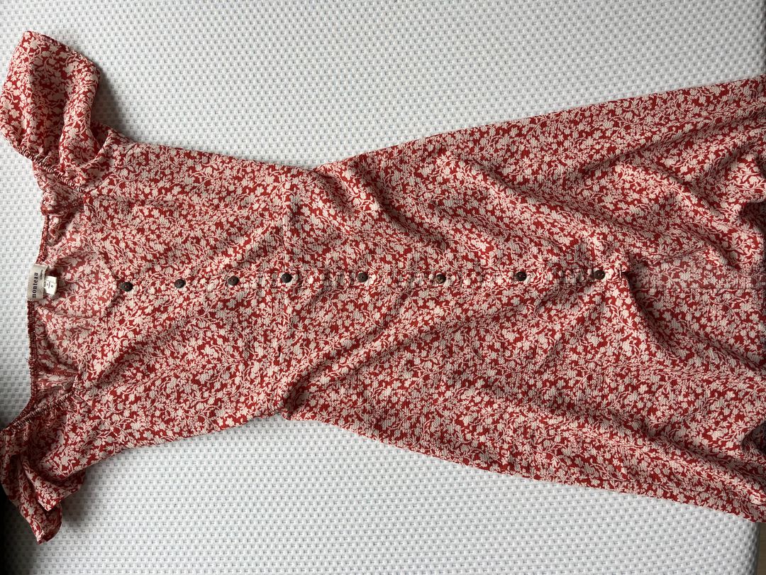 Red with white floral pattern midi length dress with cap sleeves 