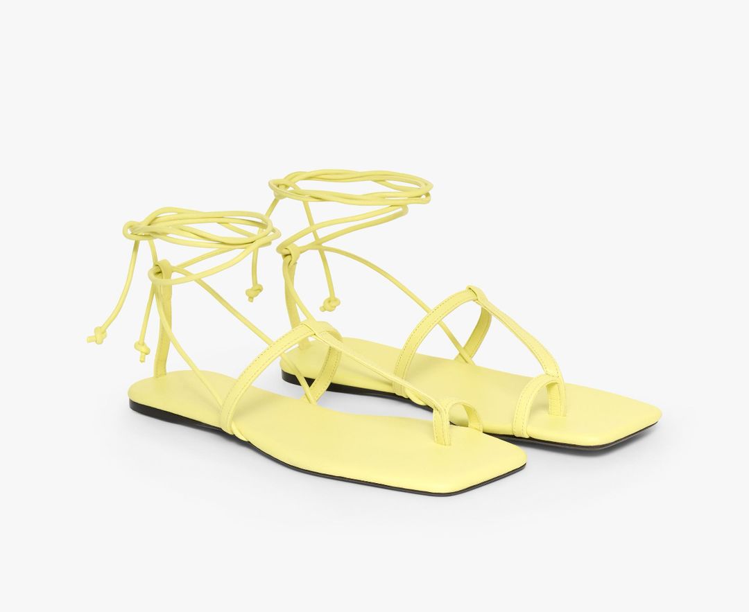 Yellow leather minimal lace up flat sandal with toe ring 