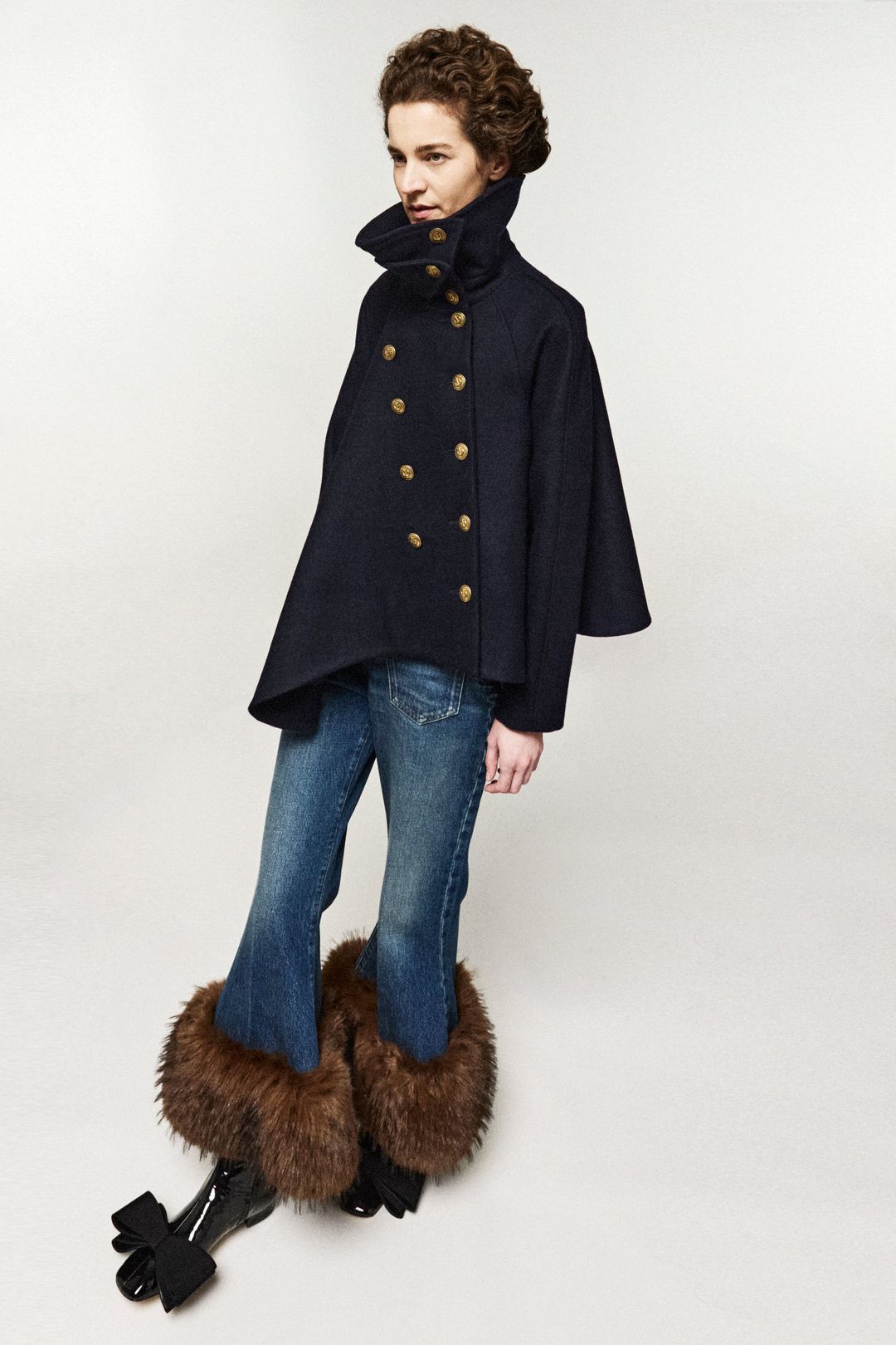 Cropped Flared Trousers With Faux Fur Hem Classic Blue Wash #7