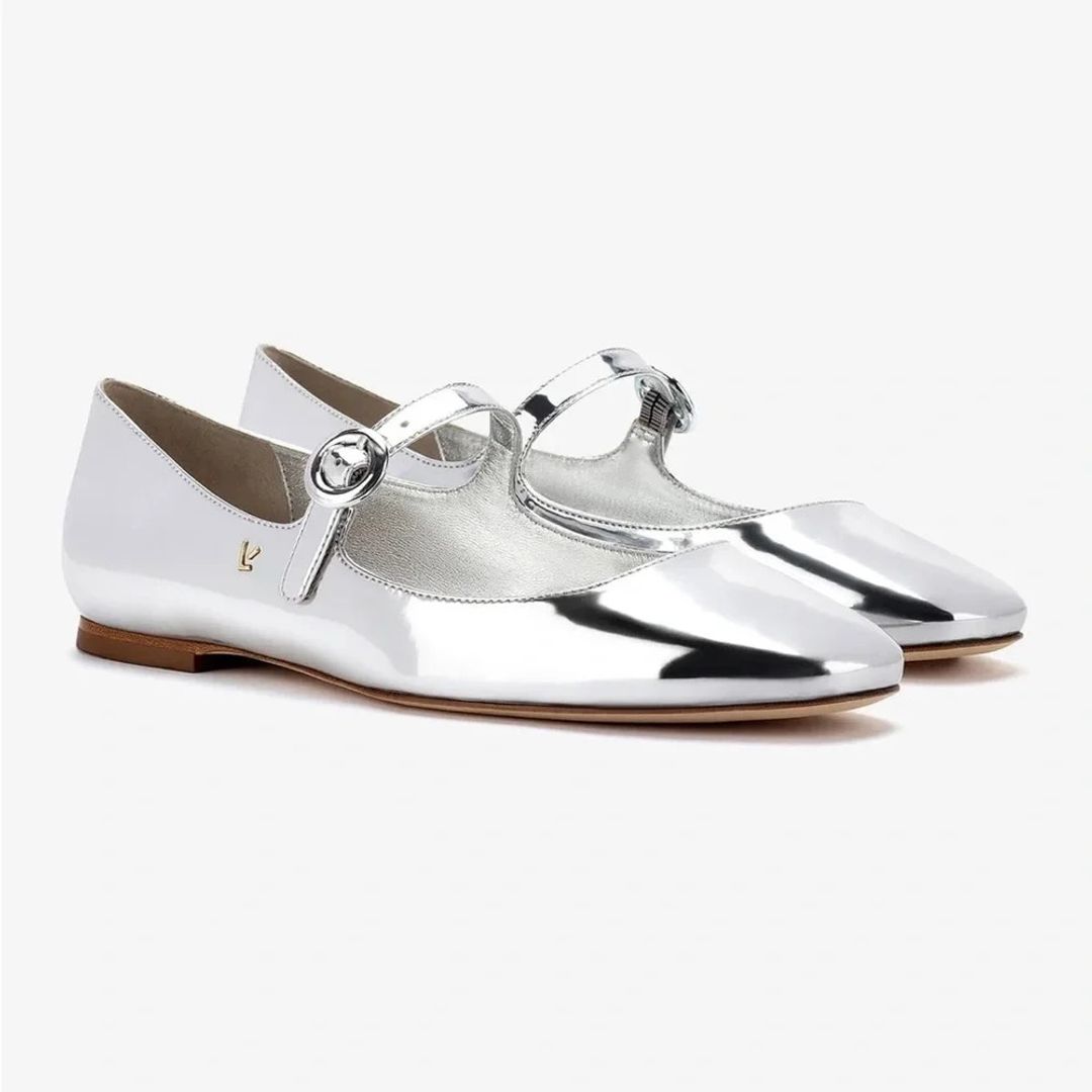 Larroude Silver Leather Mary Jane Flats