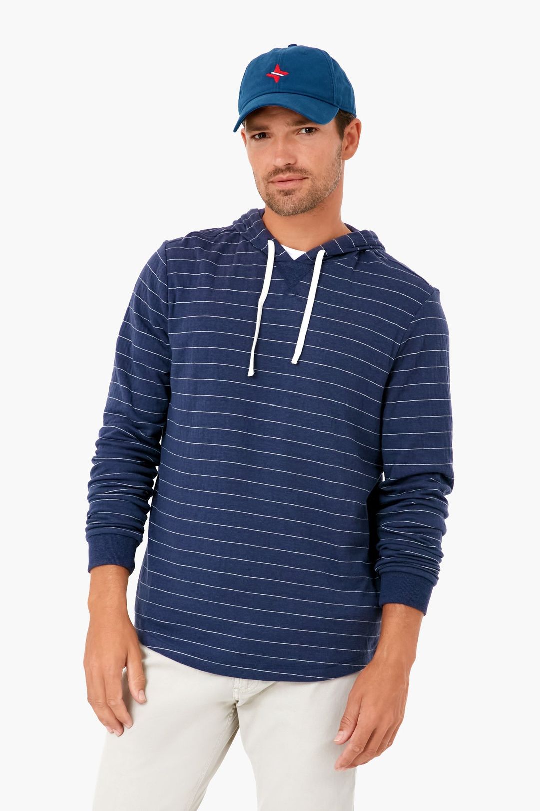 Navy White Stripe Double Knit Pullover Hoodie