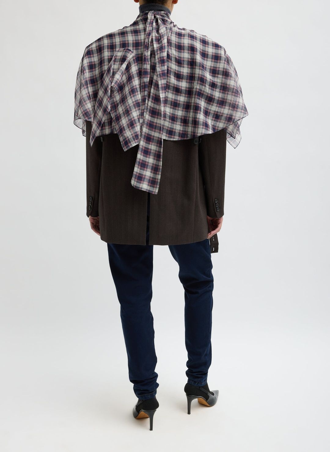 Silk Cotton Plaid Cape Tie Top #4