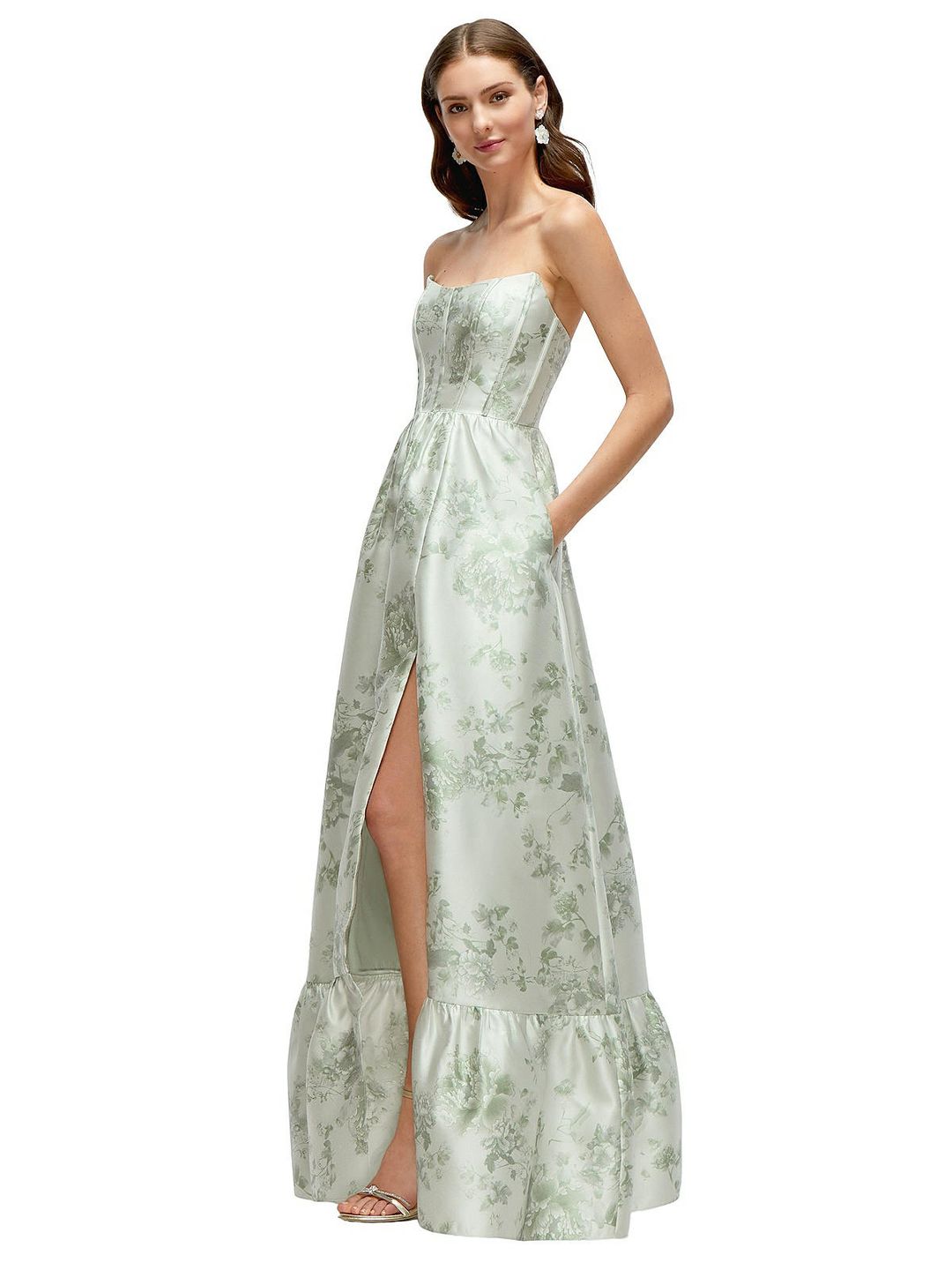 Floral Strapless Cat-Eye Boned Bodice Maxi Dress with Ruffle Hem