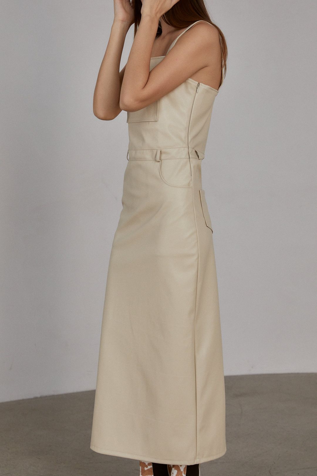 Maxi Leather Skirt Overalls, Cream #3