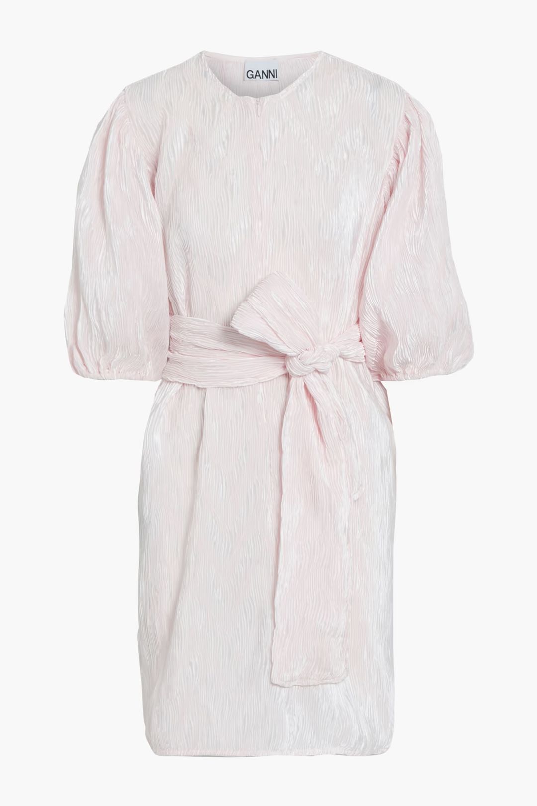 Belted plissé-satin mini dress