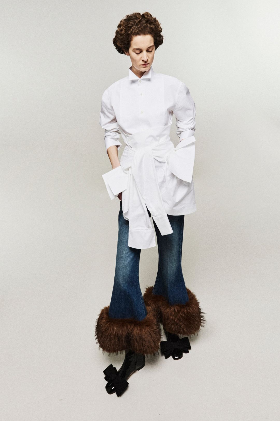 Cropped Flared Trousers With Faux Fur Hem Classic Blue Wash #4