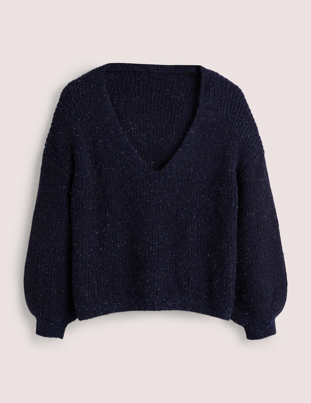 Navy Sparkle Ribbed Fluffy V-Neck Sweater-Navy Sparkle #5