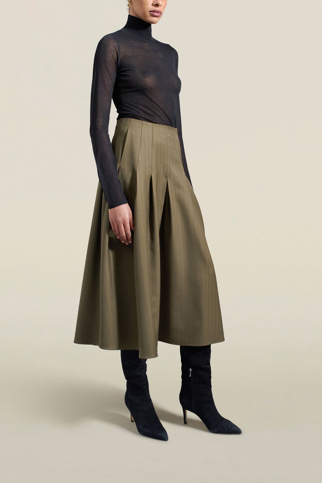 Dakota Pleated Skirt in Dark Olive Tropical Wool #5