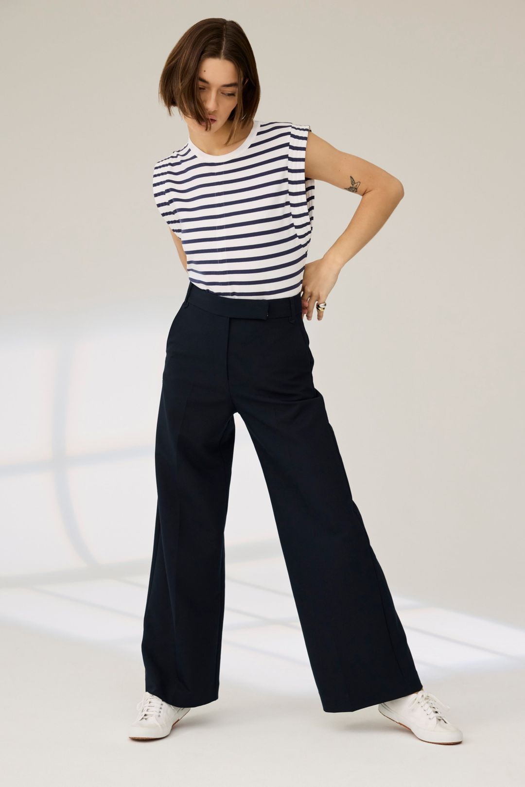 The Gimme That Shoulder Tee in Navy Stripe