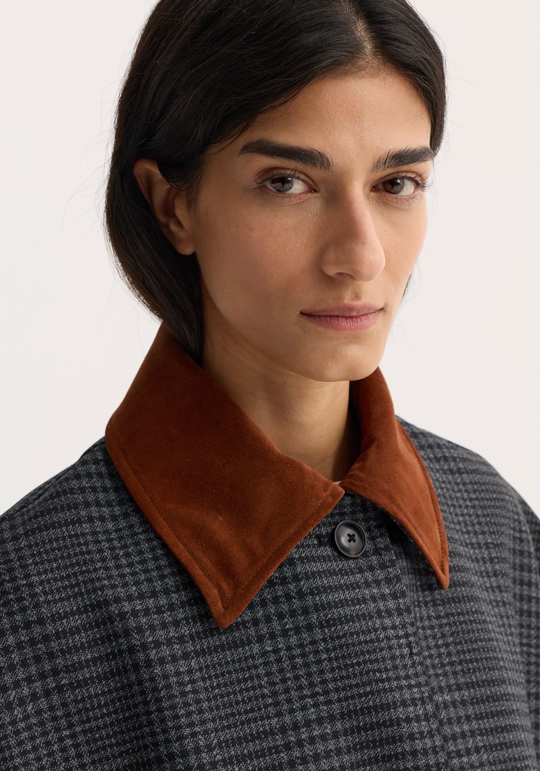 Suede collar check coat | black / grey check #5