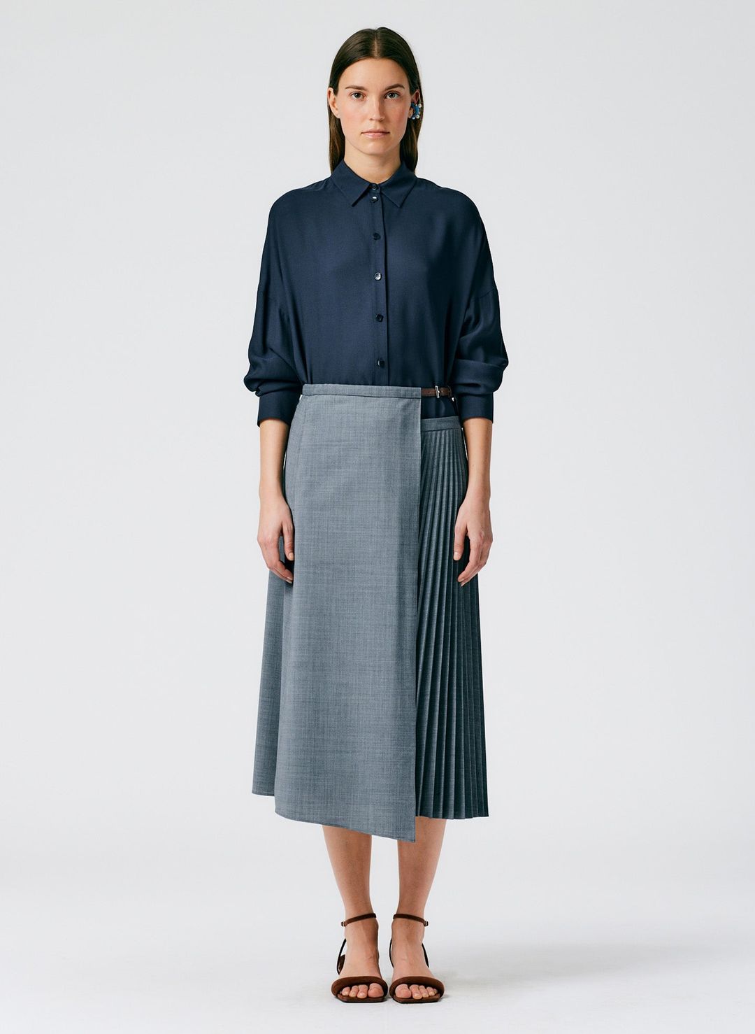 Tropical Wool Pleated Leather Wrap Skirt #3