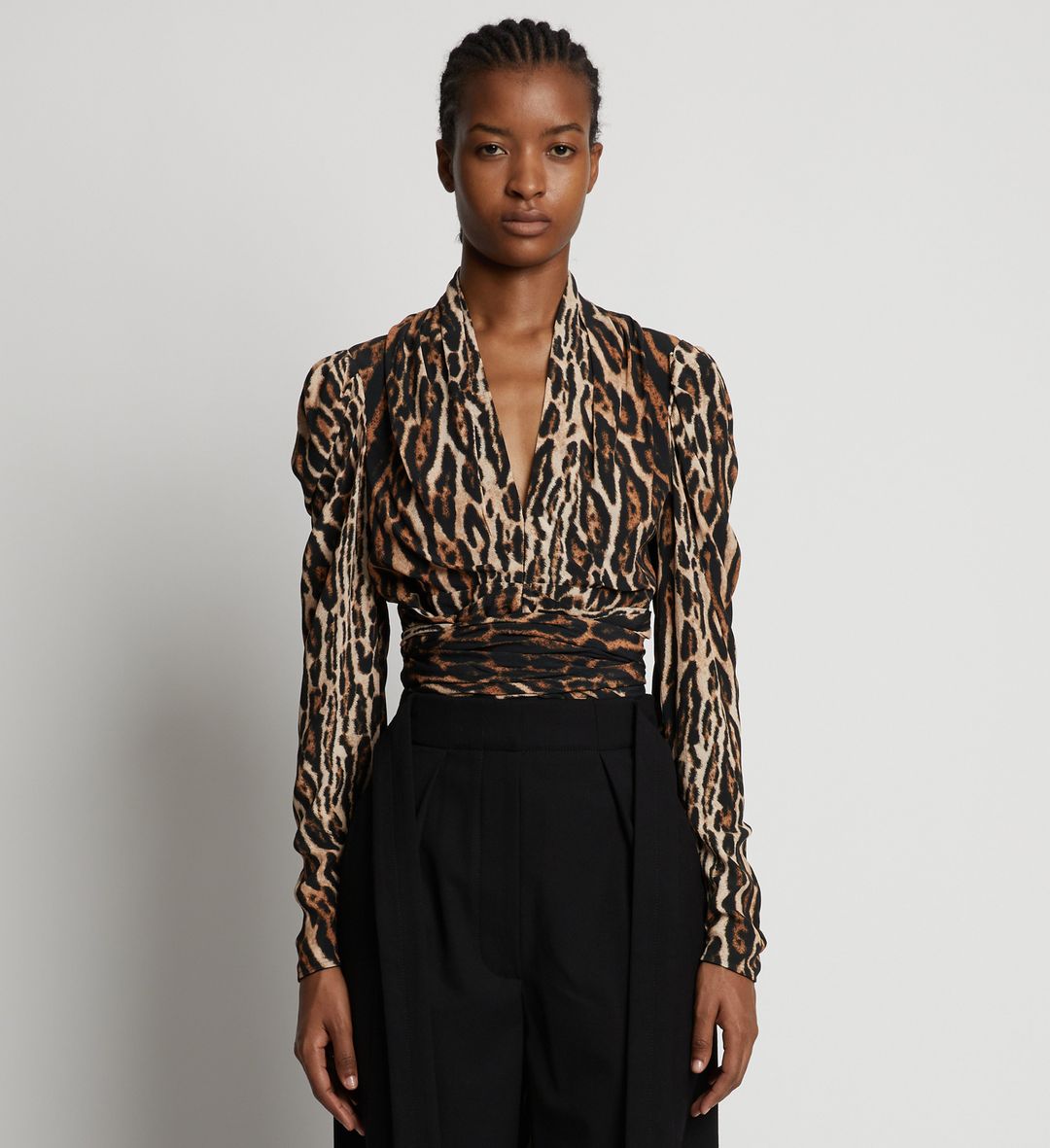 Leopard Crepe de Chine V-Neck Top - BROWN MULTI
