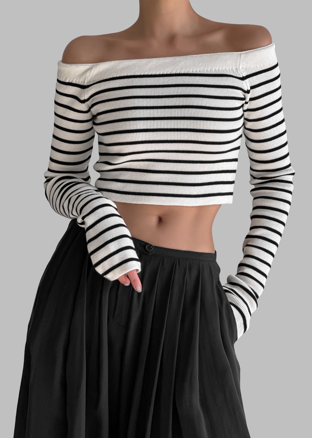 Coco White Off Shoulder Sweater - Black Stripe #4
