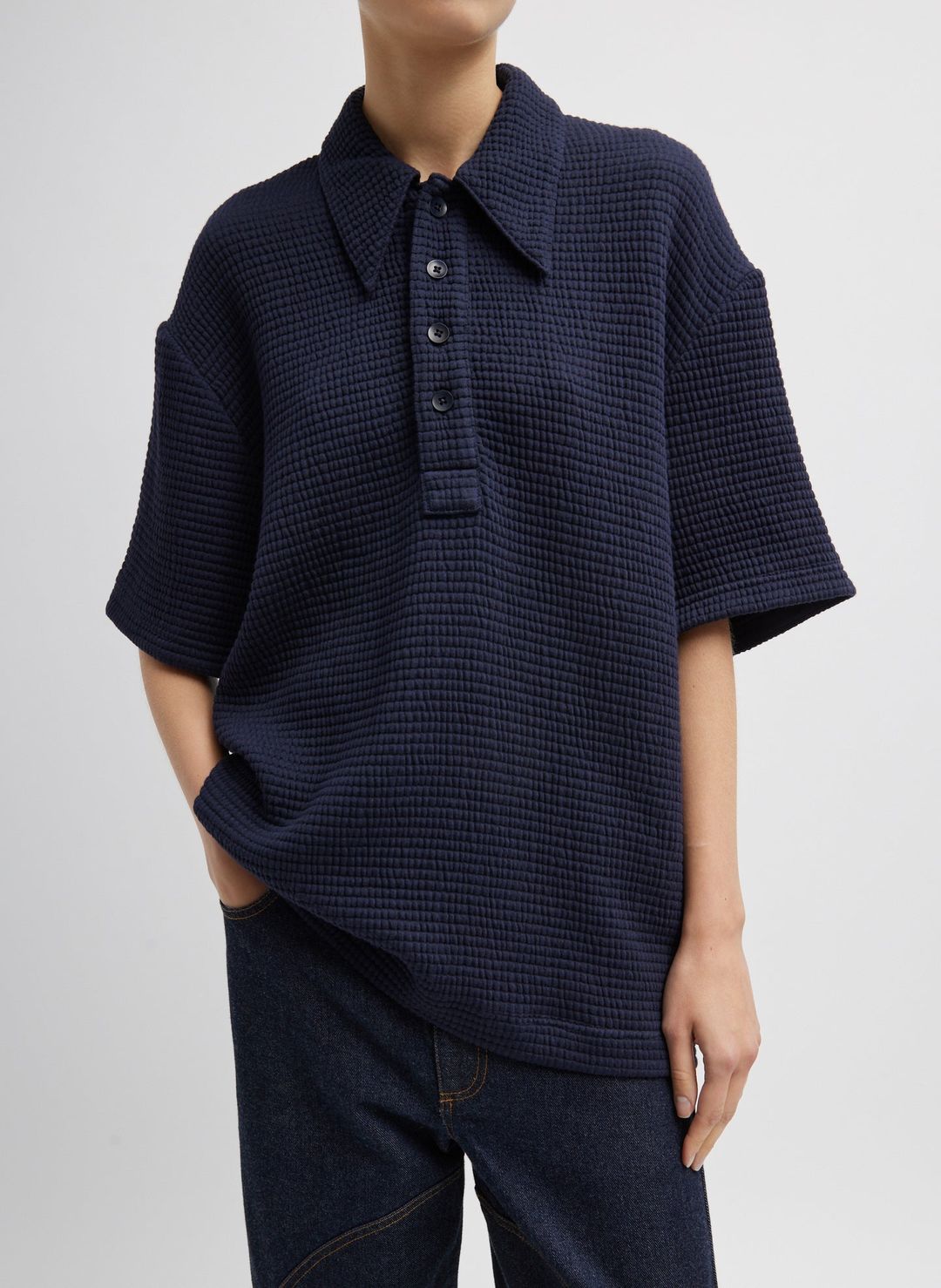 Quilted Waffle Polo Tunic Top