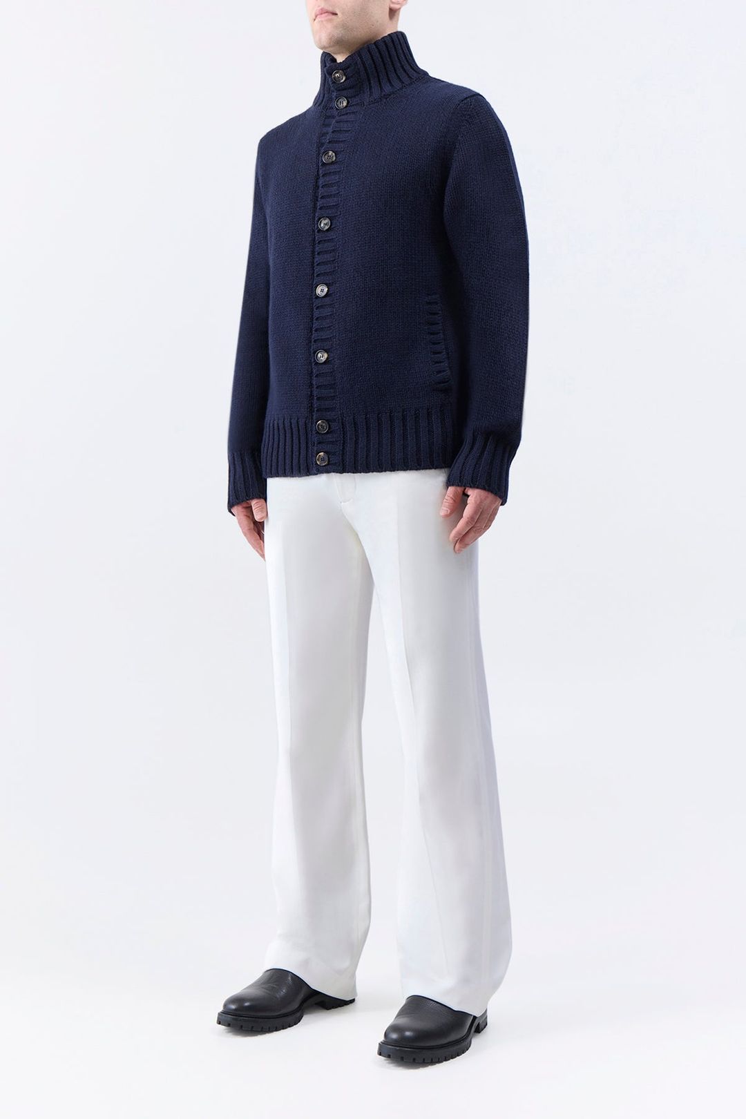 Jacobo Knit Turtleneck Cardigan in Dark Navy Piuma Cashmere #3