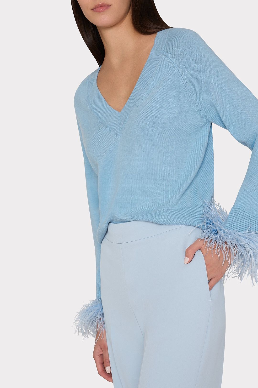 Feather Cuff V-Neck Sweater #3
