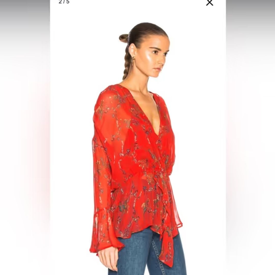 Linette Top red floral long-sleeve v-neck lined ruffles size 34