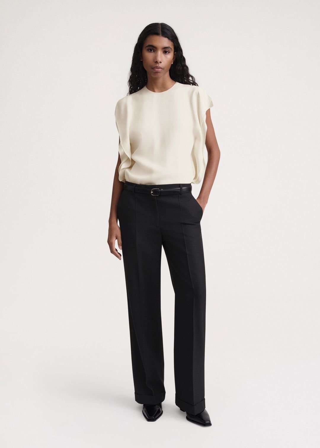 Side-drape crepe top macadamia