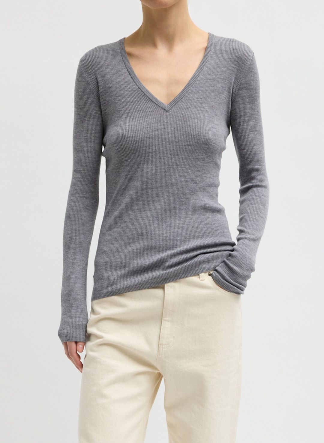 Feather Weight Ribbed Sweater V-Neck Pullover