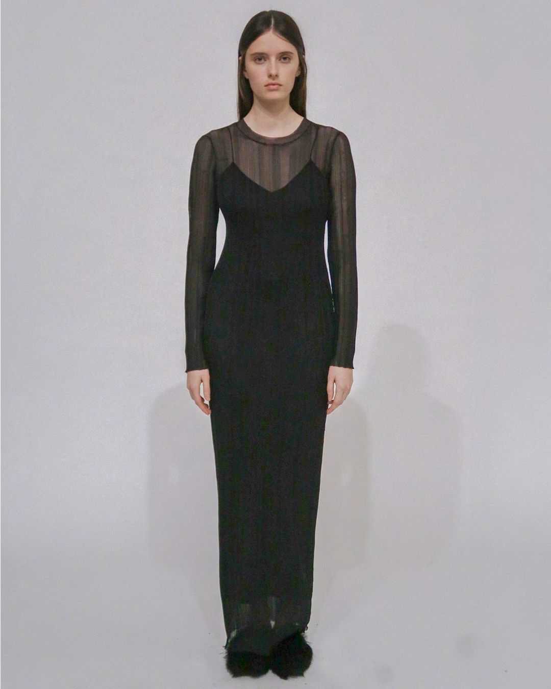 SHEER PLISSE LONG SLEEVE DRESS
