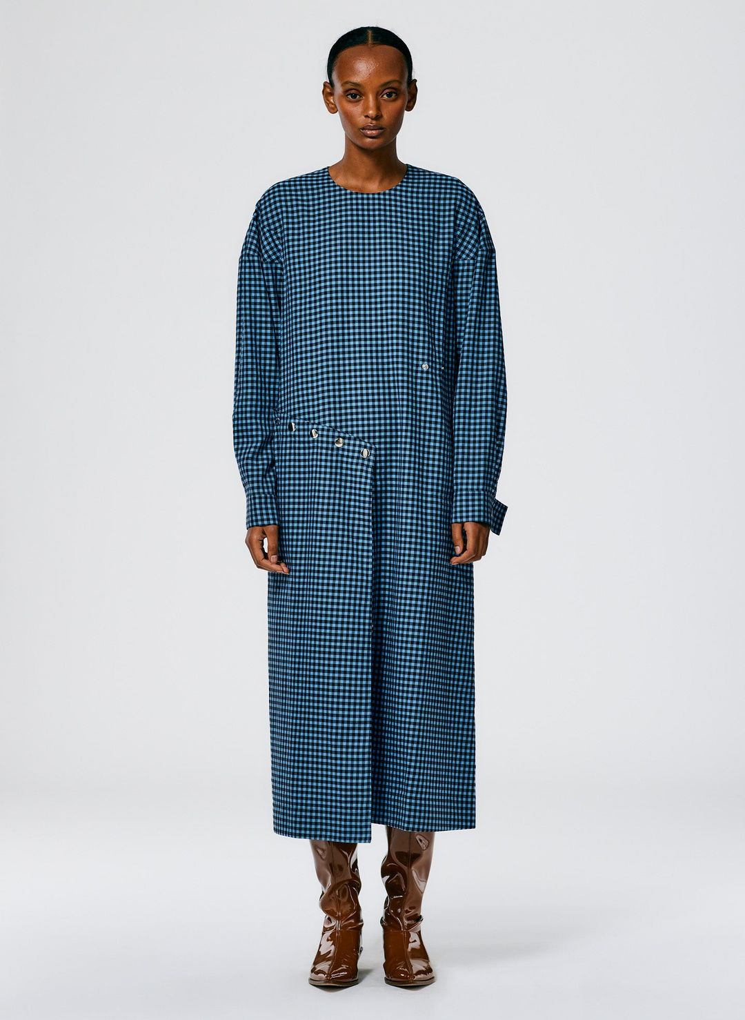 Pascale Gingham Asymmetric Flap Snap Dress #5