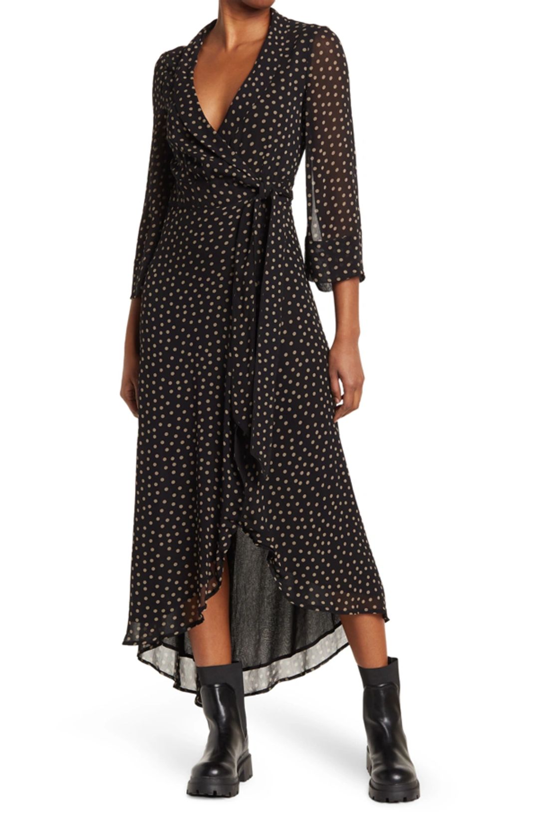 Polka-dot Georgette Maxi Wrap Dress In Black #4