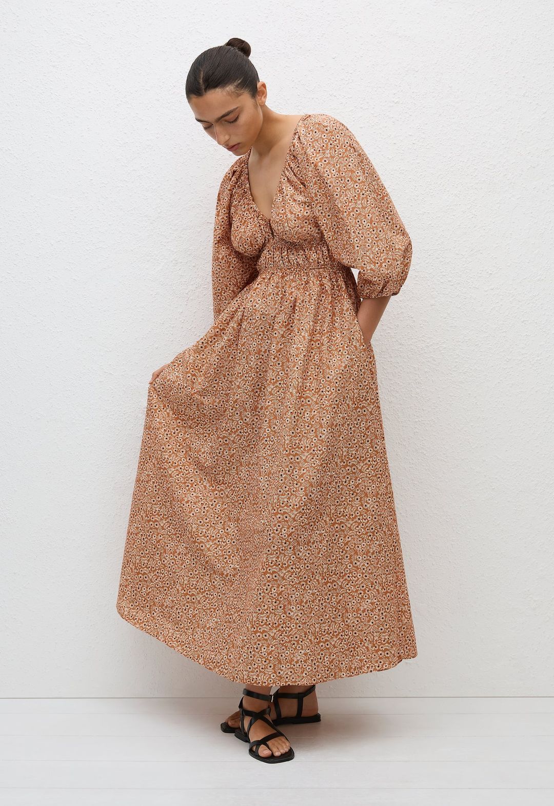 Shirred Plunge Button Dress - Strawflower #3