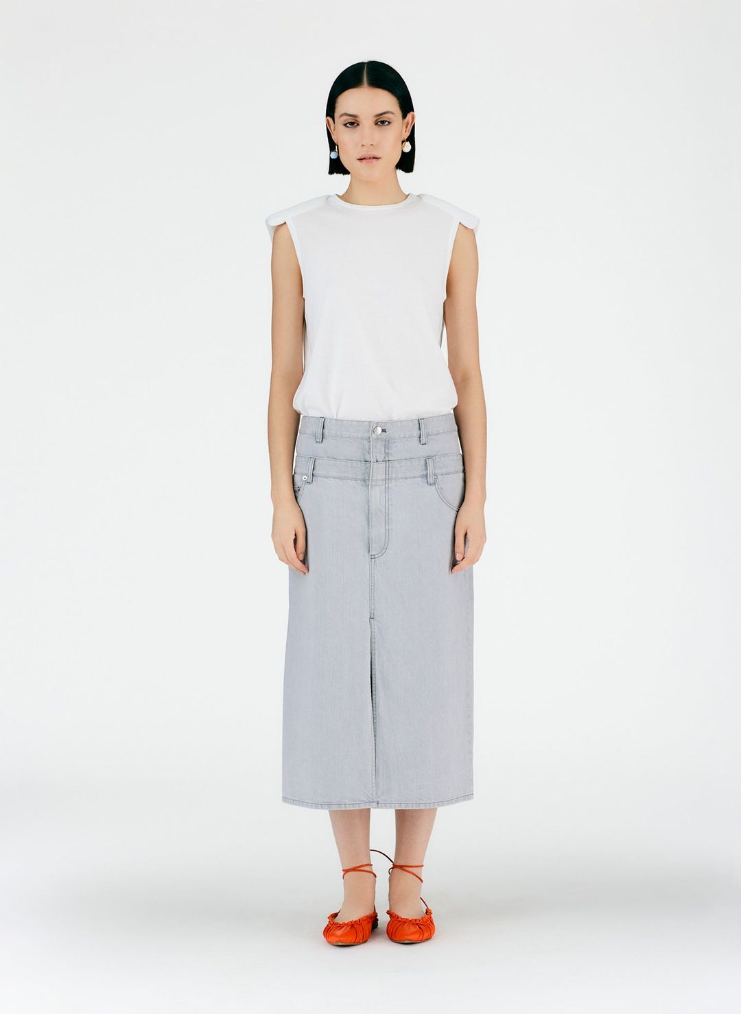 Grey Denim Double Waisted Denim Skirt #6
