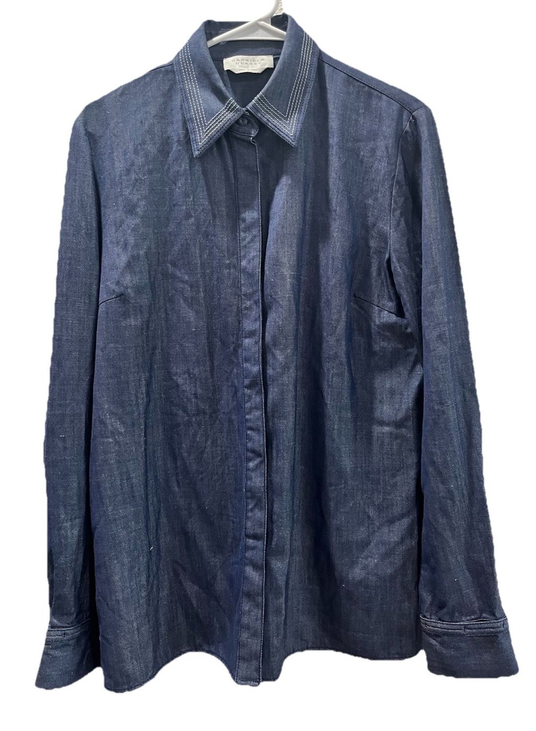 Blue Wool Silk Linen Button-Front Blouse 46