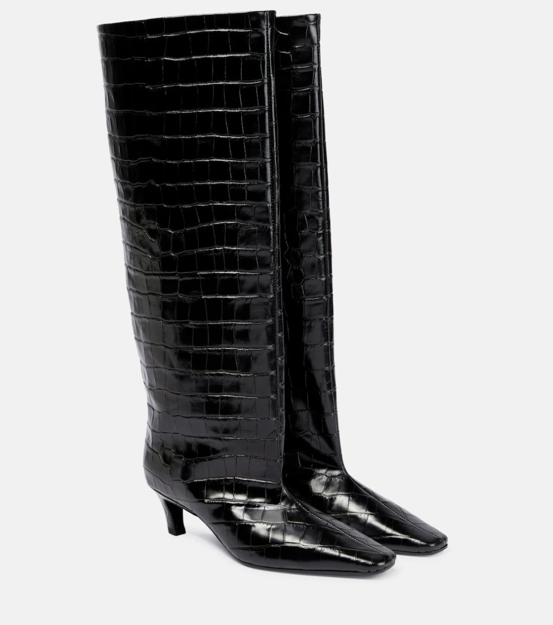 Croc-effect leather knee boots