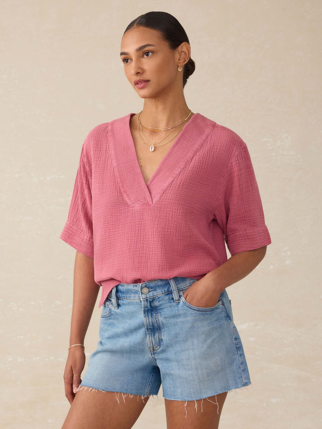 Dune Cotton Gauze Short Sleeve Popover - Heather Rose
