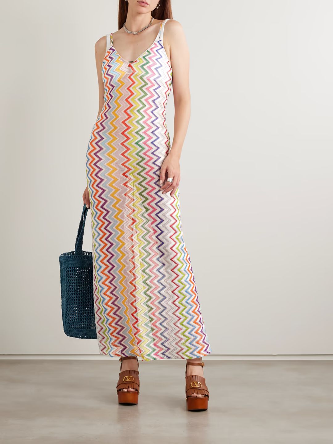 Striped metallic crochet-knit maxi dress