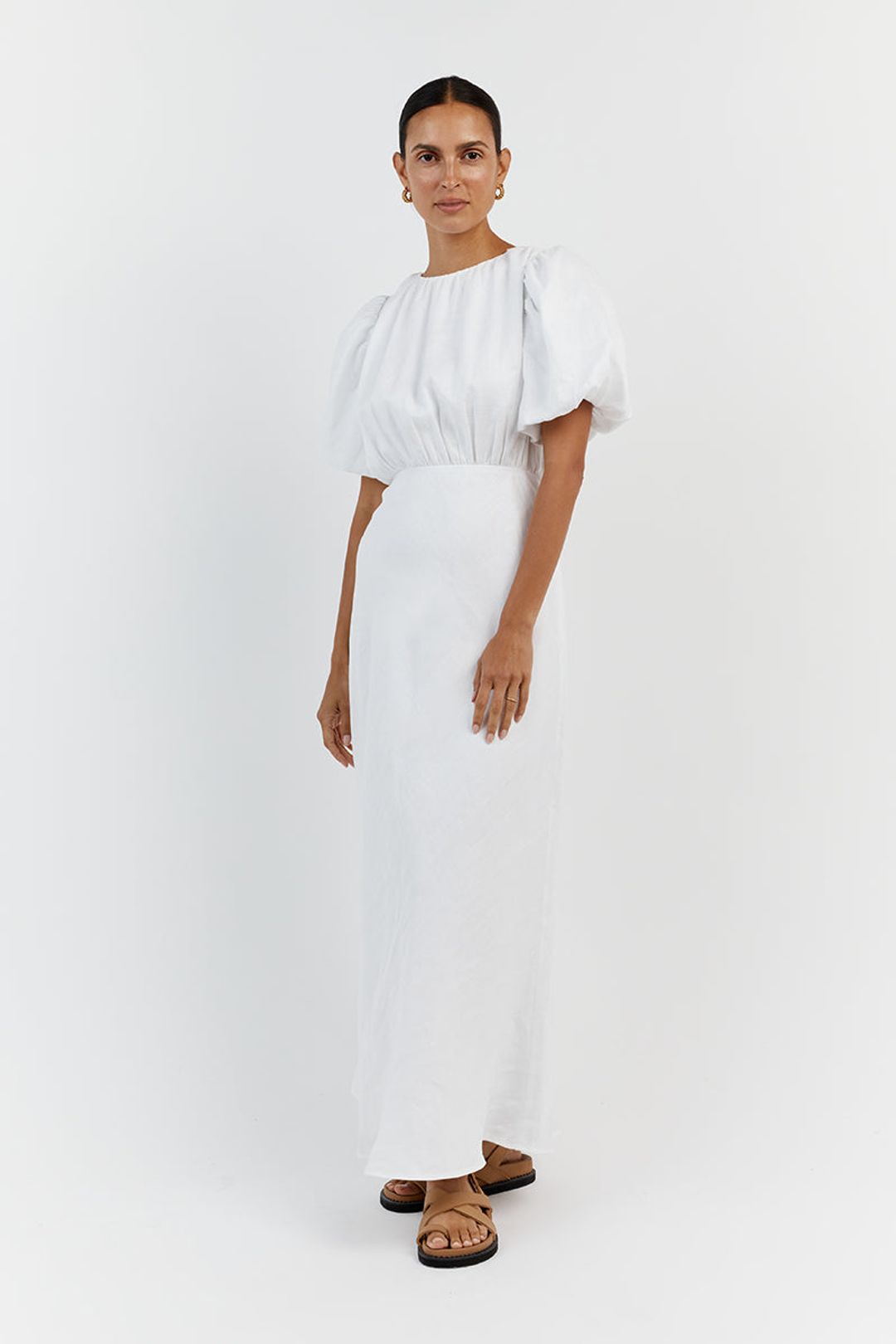 NAT WHITE LINEN GATHERED MIDI DRESS