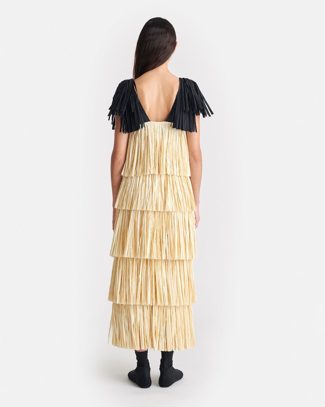 Uxia - Fringed Midi Dress - Creme/Off Black #3