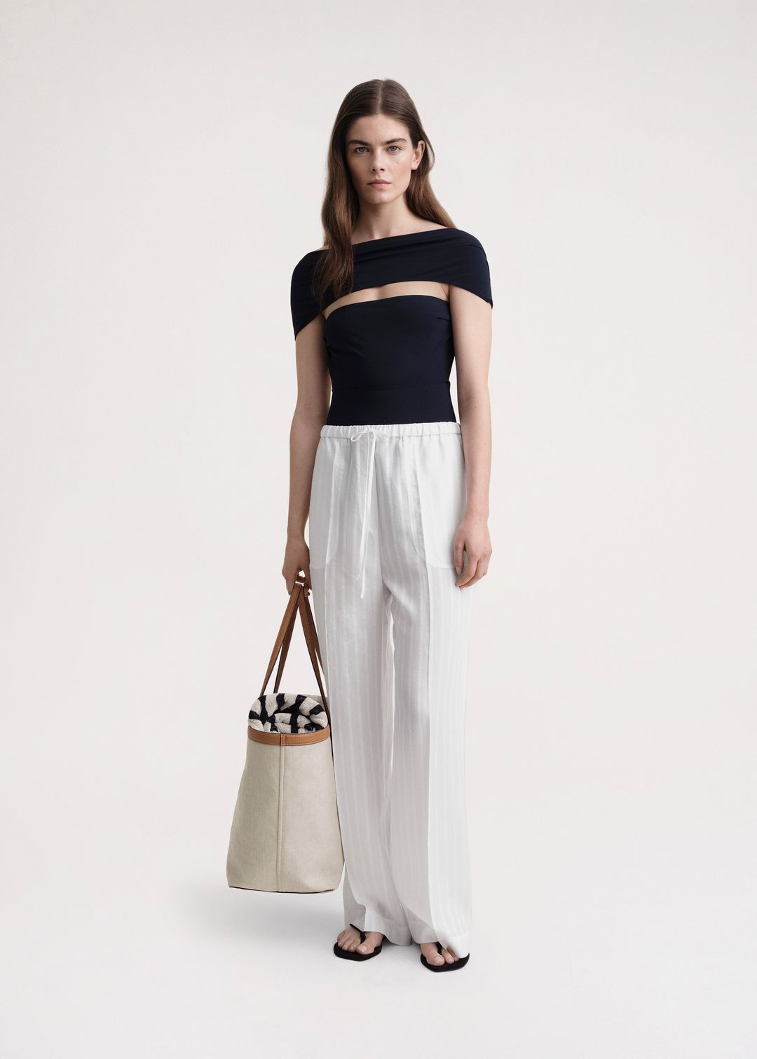 Jacquard stripe drawstring trousers white