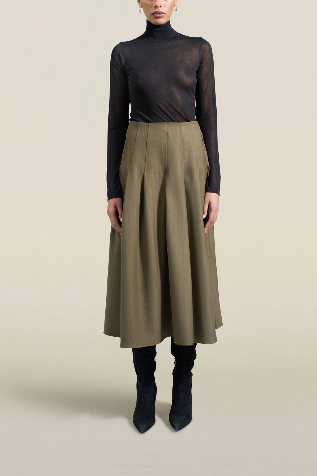 Dakota Pleated Skirt in Dark Olive Tropical Wool #3