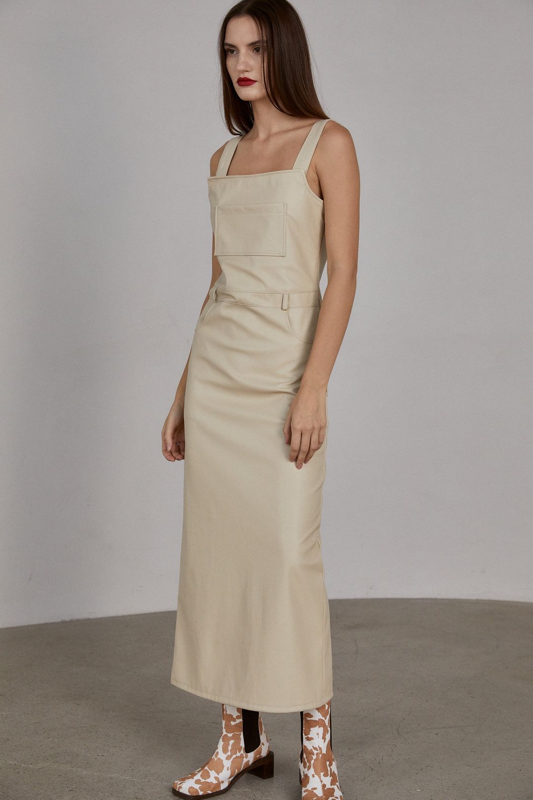 Maxi Leather Skirt Overalls, Cream