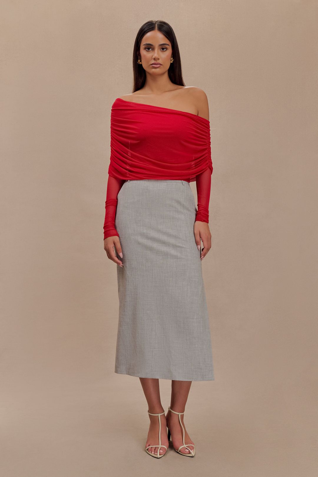 Everly Sheer Mesh Off Shoulder Top - Ruby #3